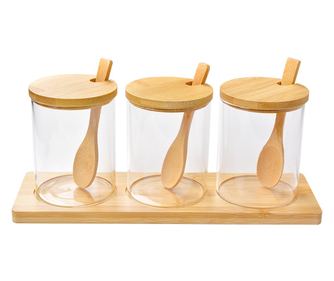 Set 3 kozarcev z lesenim podstavkom steklo 8x10 cm, 29x9x12 cm