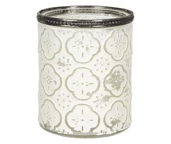 Fehér üveg váza ezüst színű fém díszítéssel, 9x11 cm