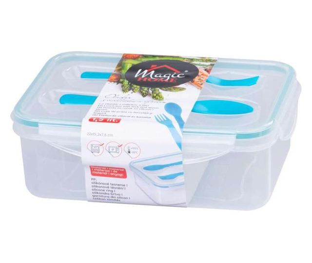 Kućica/posuda za hranu, plastika, nepropusna, plava, 1 pregradak, s žlicom i vilicom, 1.5 L, 22x15.2x7.6 cm, MagicHome