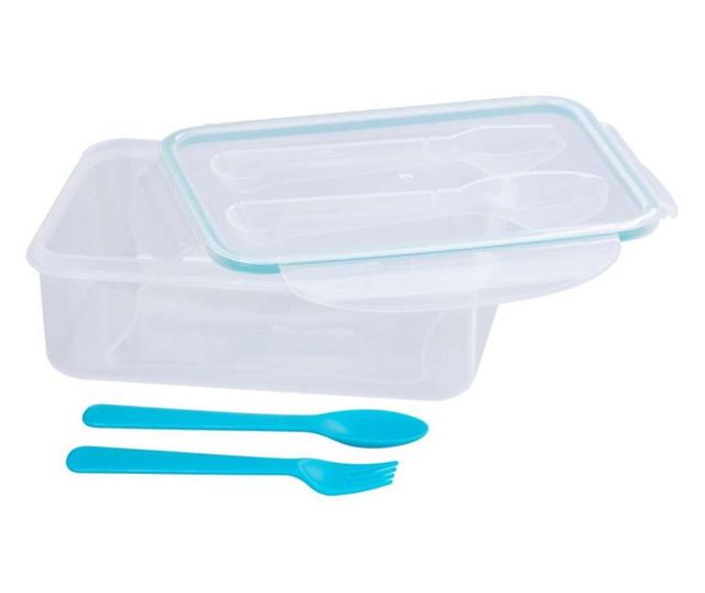 Kućica/posuda za hranu, plastika, nepropusna, plava, 1 pregradak, s žlicom i vilicom, 1.5 L, 22x15.2x7.6 cm, MagicHome