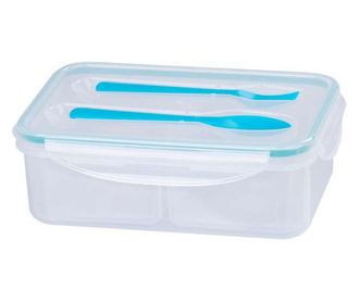 Kućica/posuda za hranu, plastika, nepropusna, plava, 2 odjeljka, sa žlicom i vilicom, 1,5 l, 22 x 15,2 x 7,6 cm, MagicHome