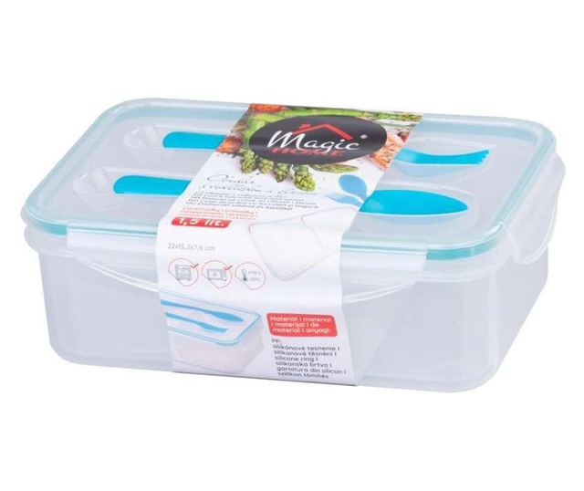 Kućica/posuda za hranu, plastika, nepropusna, plava, 2 odjeljka, sa žlicom i vilicom, 1,5 l, 22 x 15,2 x 7,6 cm, MagicHome