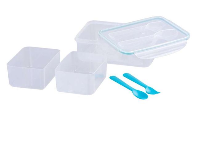 Kućica/posuda za hranu, plastika, nepropusna, plava, 2 odjeljka, sa žlicom i vilicom, 1,5 l, 22 x 15,2 x 7,6 cm, MagicHome