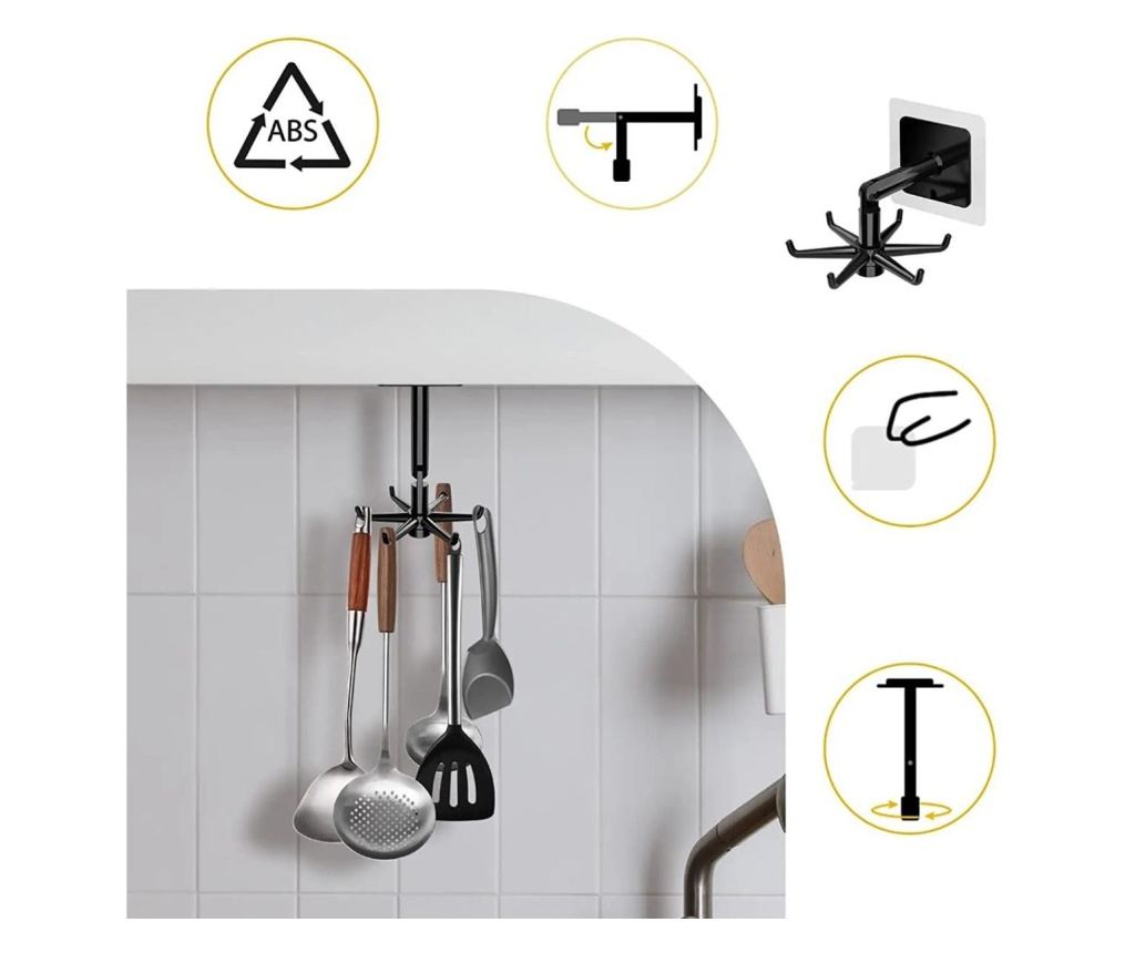 Περιστρεφόμενη Κρεμάστρα Κουζίνας με 6 Άγκιστρα, ABS, 11 εκ., Μαύρη - 2