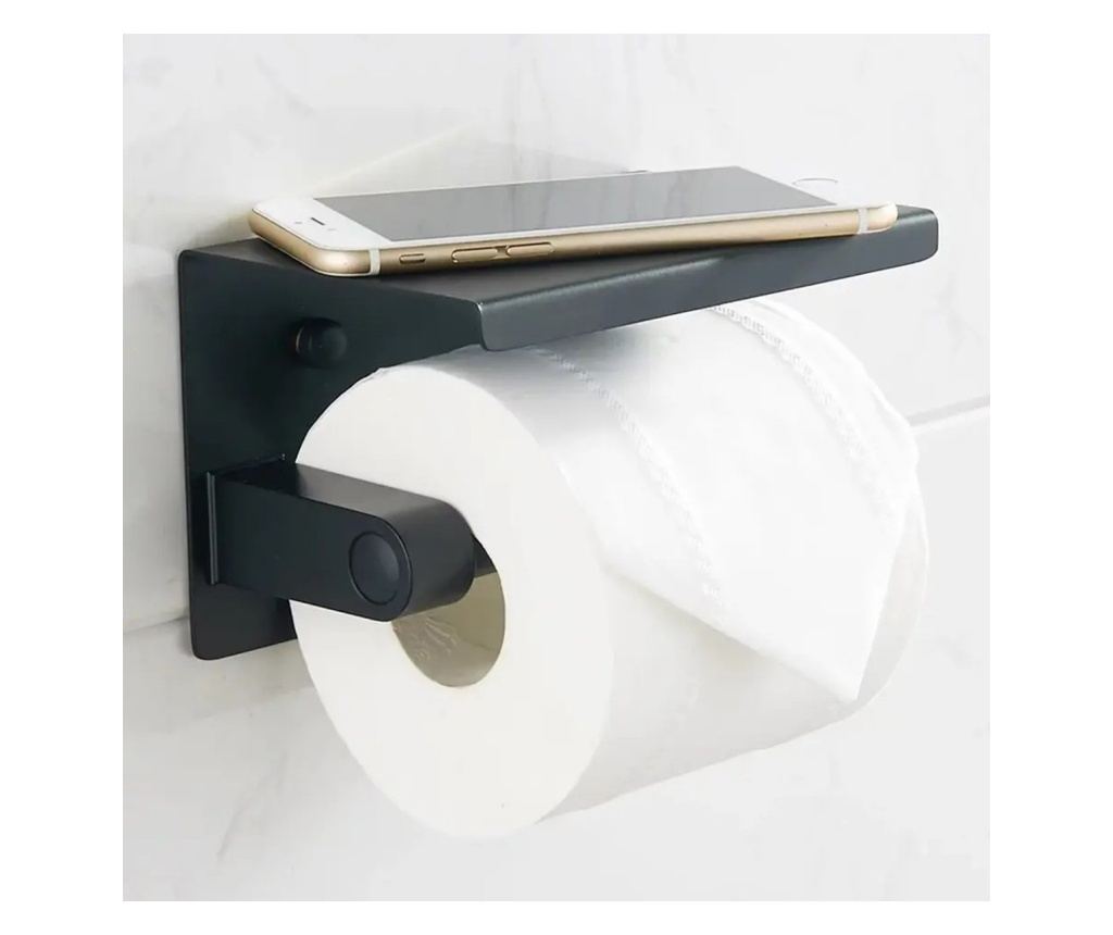 Suport pentru hartie igienica cu raft suplimentar, din otel, culoare neagra cu brat auriu - 5