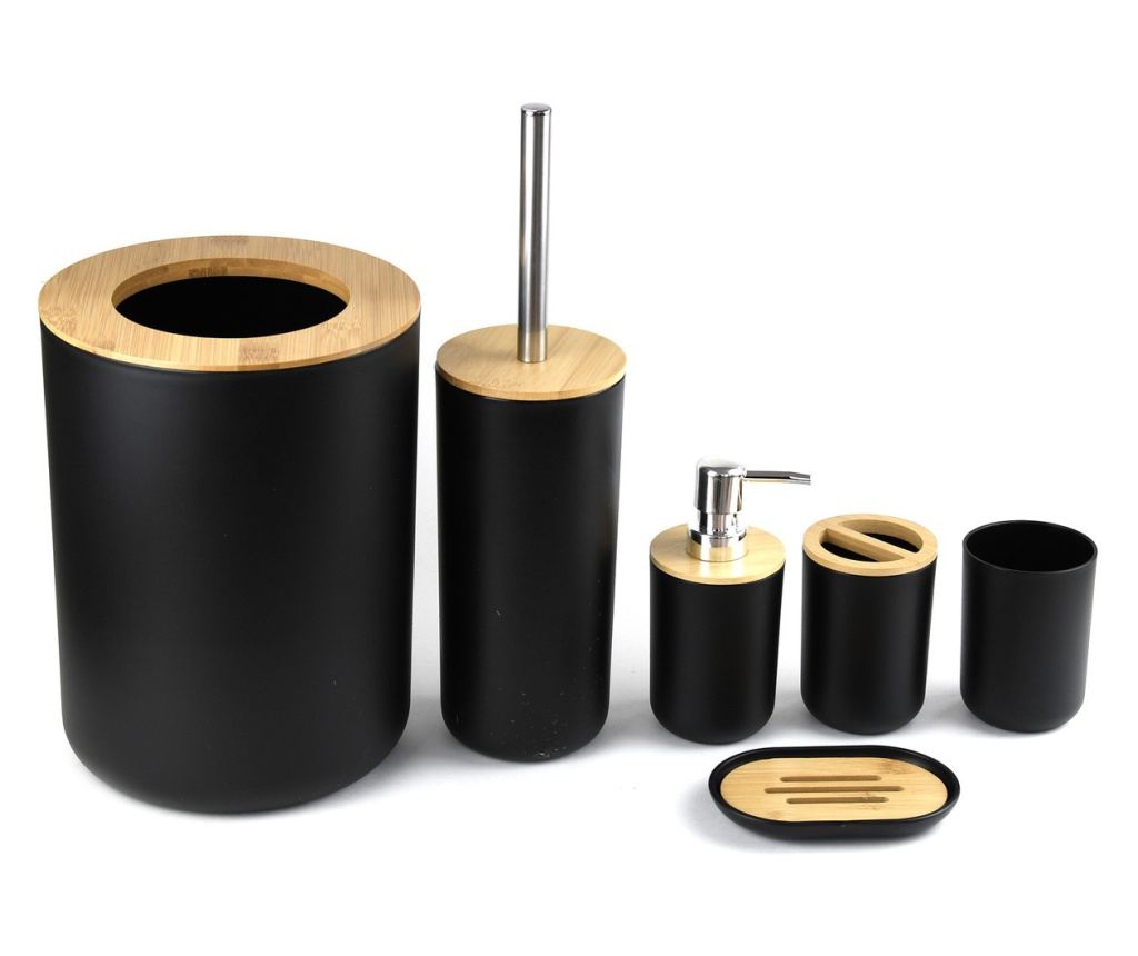 Κομψό Σετ Μπάνιου 6 Τεμαχίων, ABS + Ξύλο, Μαύρο/Καφέ - 2