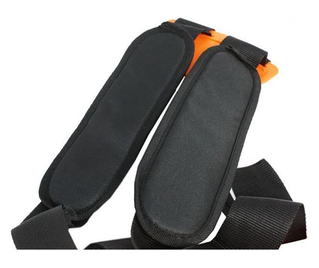 Ham pentru motocoasa/trimmer, Micul Fermier, bretele panza, portocaliu si negru, 27x20x2 cm