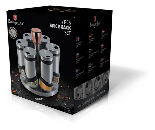 Set 6 recipiente pentru condimente, 120 ml, suport rotativ din otel inoxidabil, Berlinger Haus, BH 1992