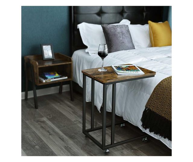 Konferenční stolek, Vasagle, s kolečky, dřevotříska a kov, rustikální hnědá, 50x35x61 cm