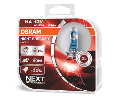 Set 2 auto žarulje s halogenom Osram H4 12V 60/55W P43t Night Breaker Laser +150%