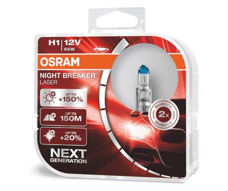 Set 2 auto žarulje s halogenom Osram H1 12V 55W P14,5s Night Breaker Unlimited +150%