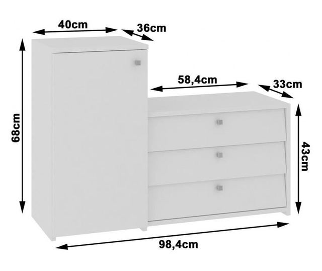 Dulap depozitat incaltaminte, pantofar, placa laminata, 3 sertare, 2 rafturi, alb, 98.4x33x68/43 cm