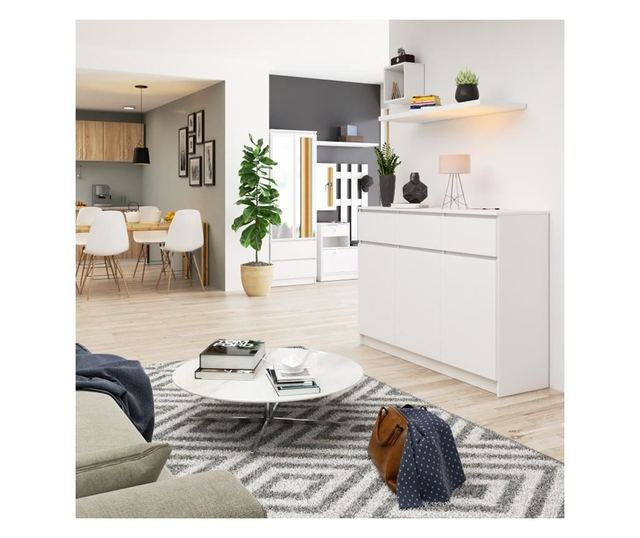 Comoda, placa laminata, 3 sertare, 6 rafturi, alb, 138x40x99 cm