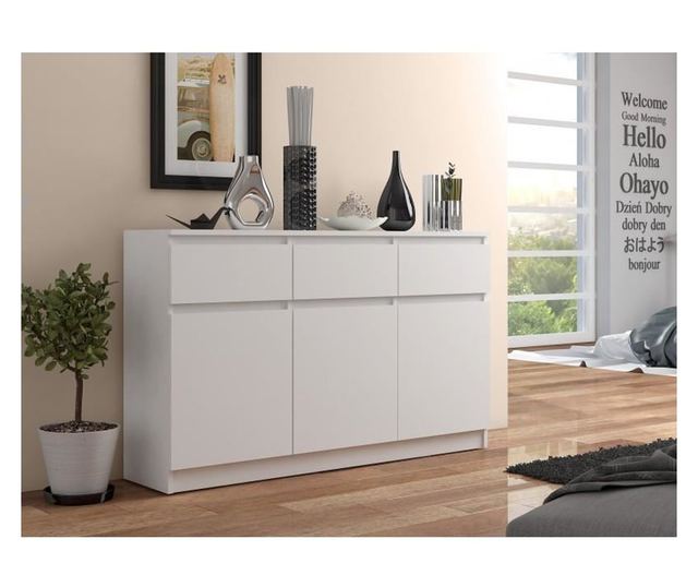 Comoda, placa laminata, 3 sertare, 6 rafturi, alb, 138x40x99 cm