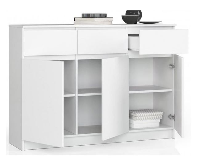 Comoda, placa laminata, 3 sertare, 6 rafturi, alb, 138x40x99 cm
