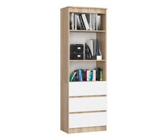 Biblioteca, placa laminata, 3 sertare, 3 rafturi, stejar si alb, 60x35x180 cm