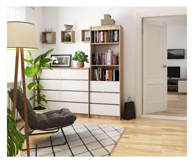 Biblioteca, placa laminata, 3 sertare, 3 rafturi, stejar si alb, 60x35x180 cm