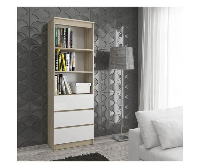 Biblioteca, placa laminata, 3 sertare, 3 rafturi, stejar si alb, 60x35x180 cm