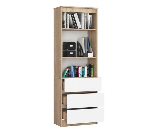 Biblioteca, placa laminata, 3 sertare, 3 rafturi, stejar si alb, 60x35x180 cm