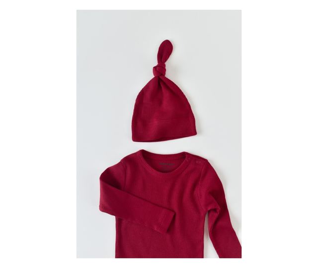 3 részes készlet: hosszú ujjú blúz, hosszú nadrág és organikus és modális pamut sapka - BabyCosy Red (Méret: 12-18 hónap)