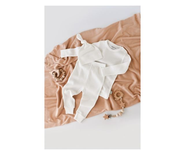 3 részes készlet: hosszú ujjú test, hosszú nadrág és organikus és modális pamut sapka - Ecru BabyCosy (méret: 12-18 hónap)