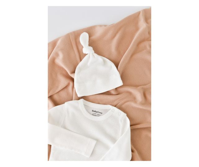 3 részes készlet: hosszú ujjú test, hosszú nadrág és organikus és modális pamut sapka - Ecru BabyCosy (méret: 12-18 hónap)