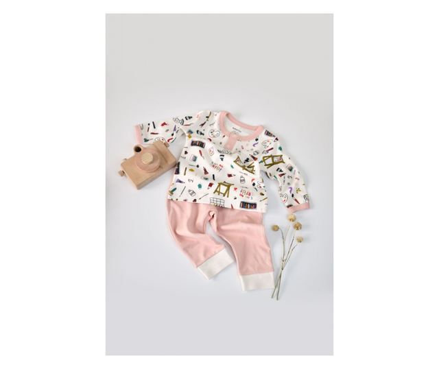 Hosszú ujjú blúzkészlet gombokkal és hosszú nadrággal, 100% organikus pamut, BabyCosy, Púder (méret: 3-6 hónap)