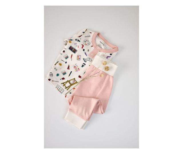 Hosszú ujjú blúzkészlet gombokkal és hosszú nadrággal, 100% organikus pamut, BabyCosy, Púder (méret: 3-6 hónap)