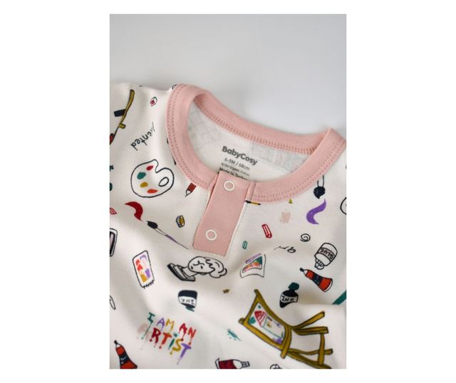 Hosszú ujjú blúzkészlet gombokkal és hosszú nadrággal, 100% organikus pamut, BabyCosy, Púder (méret: 3-6 hónap)