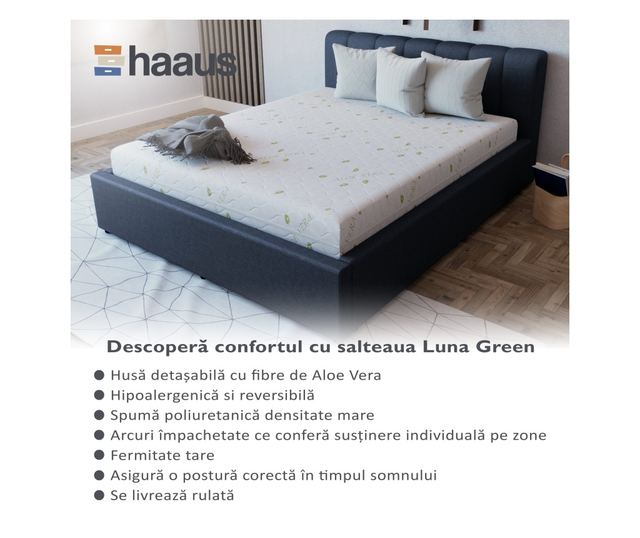 Saltea Ortopedica haaus Luna Green, Aloe Vera, arcuri impachetate, husa detasabila, 90 x 200 x 20 cm