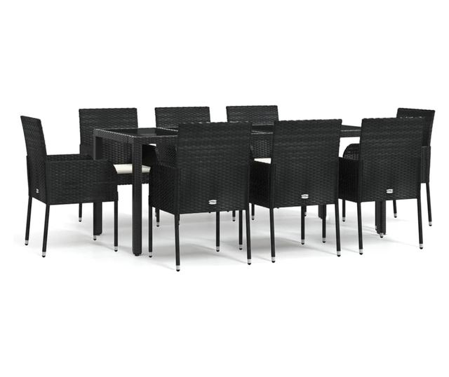 Vrtni namještaj s jastucima, 9 dijelova, crni, poliratan