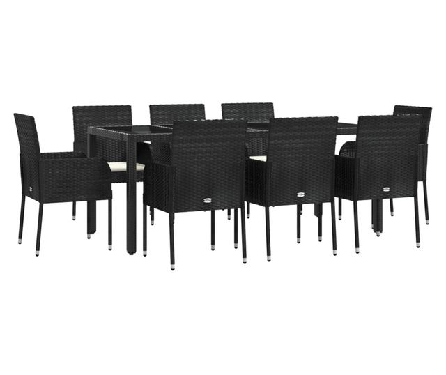 Vrtni namještaj s jastucima, 9 dijelova, crni, poliratan