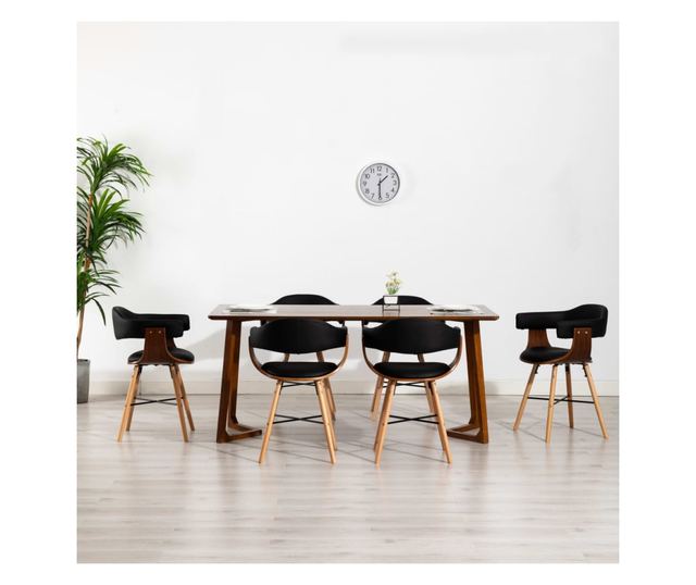 Jedilni stoli 6 kosov črno umetno usnje in upognjen les