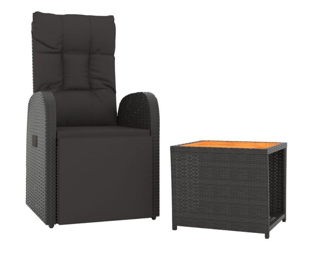 Комплект градински шезлонги, 2 броя, Черен, Полиратан и Акациево дърво