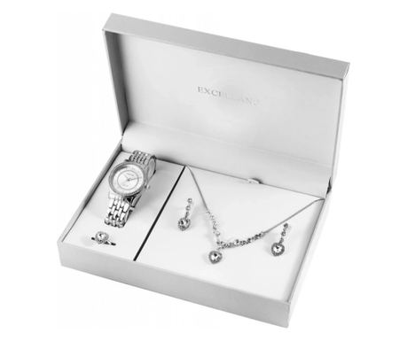 Komplet Excellanc za ženske z uro, ogrlico, prstanom in uhani Swarovski Hearts Silver