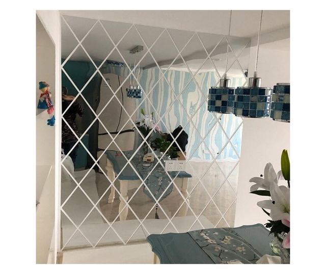 Set 58 Oglinzi Acrilice din PVC - Diamant Romb Sticker Auto-adeziv Decorativ pentru Baie Living si Bucatarie 100 x 100 cm