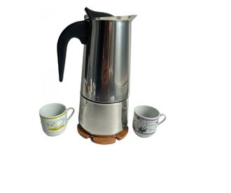 Espressor de cafea inox pentru aragaz cu 2 cani si suport lemn, 450ml