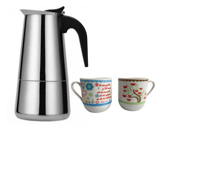 Espressor de cafea inox pentru aragaz cu 2 cani si suport lemn, 450ml