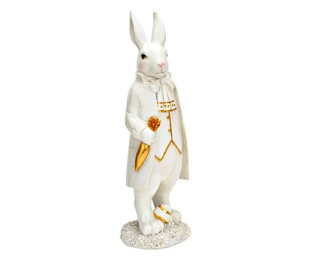 Figurina iepuras, costum alb/auriu, 13x36x11 cm