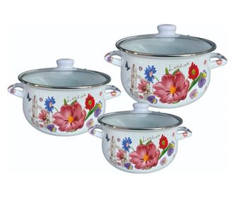 Set ghiveci Rosberg R54518H3G, 6 h, Strat email, Capac din sticla, Inductie, Imprimare florala, Alb
