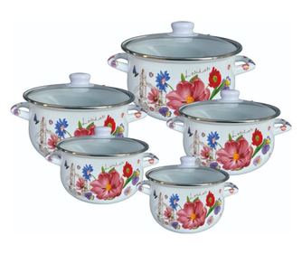Set ghiveci Rosberg R54518H5G, 10 h, Strat email, Capac din sticla, Inductie, Imprimare florala, Alb