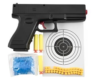Pistol de jucarie, 4 in 1, glont de spuma, glont de cauciuc, glont cu bile, tinta de tragere, negru, 19 cm