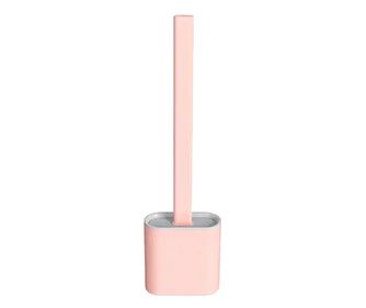 Perie pentru WC din plastic cu cap din silicon flexibil si suport de perete adeziv roz