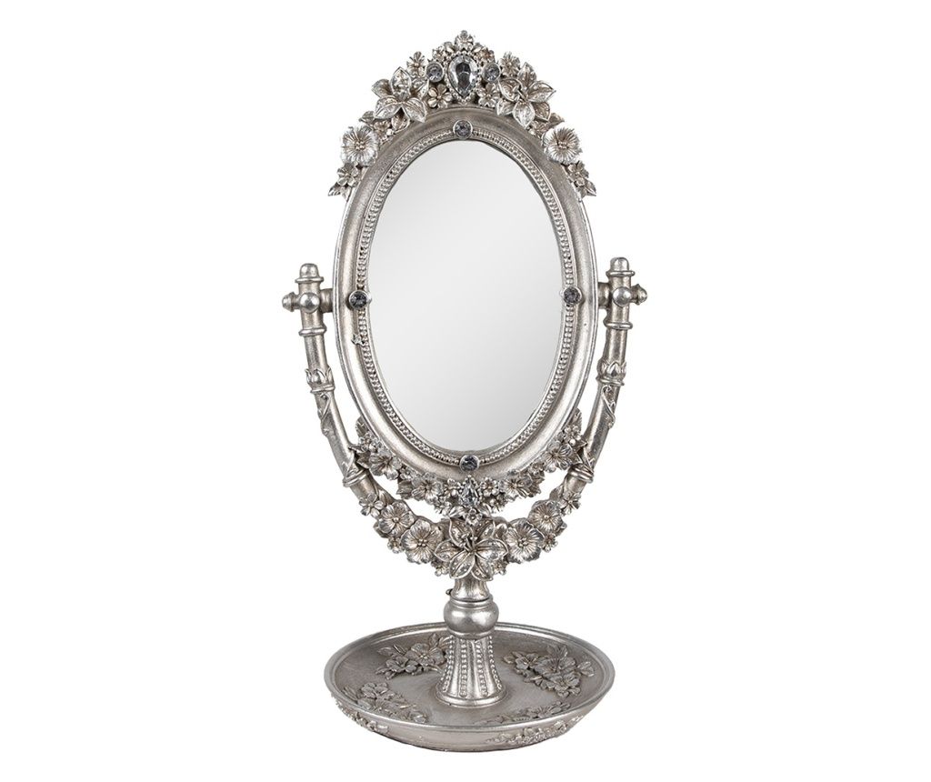 Srebrno namizno ogledalo iz poliresina 17x13x30 cm