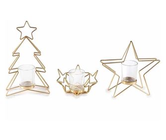 3 darabos karácsonyi gyertya szett, arany fém és üveg, 14,5x5,5x24,5 cm