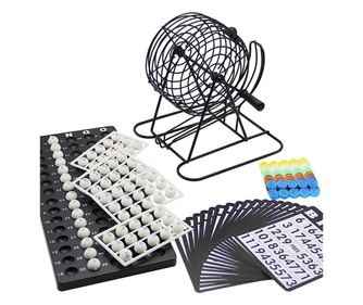 Bingo eMazing din metal, joc de societate portabil cu 75 de bile albe, dimensiuni: 21 x 21 cm, culoare negru