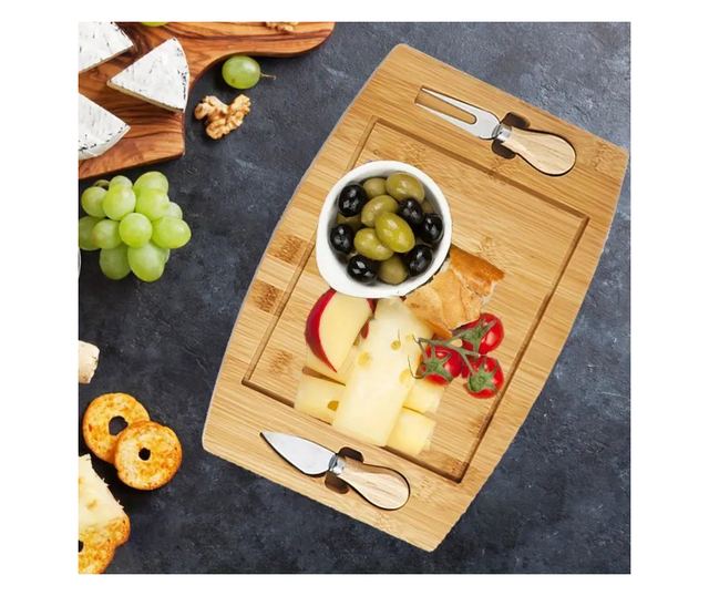 Set platou de branzeturi cu 2 ustensile pentru servire, Dreptunghiular, din lemn, dimensiuni 33x19x1.5 cm ABYZ™