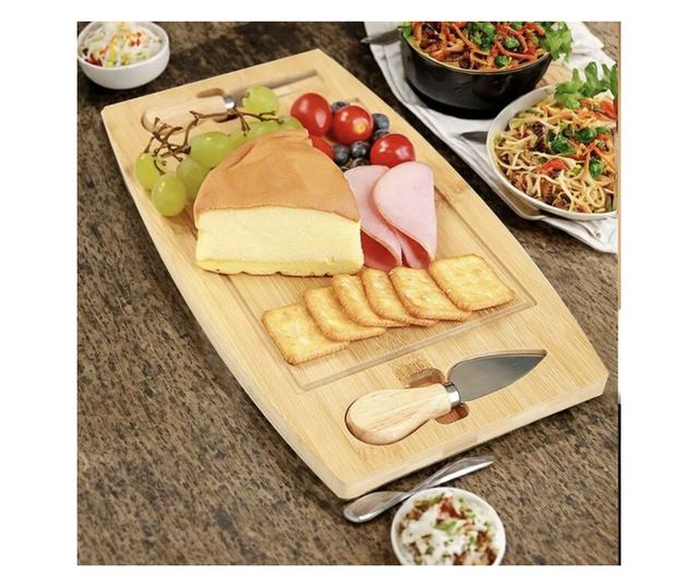 Set platou de branzeturi cu 2 ustensile pentru servire, Dreptunghiular, din lemn, dimensiuni 33x19x1.5 cm ABYZ™