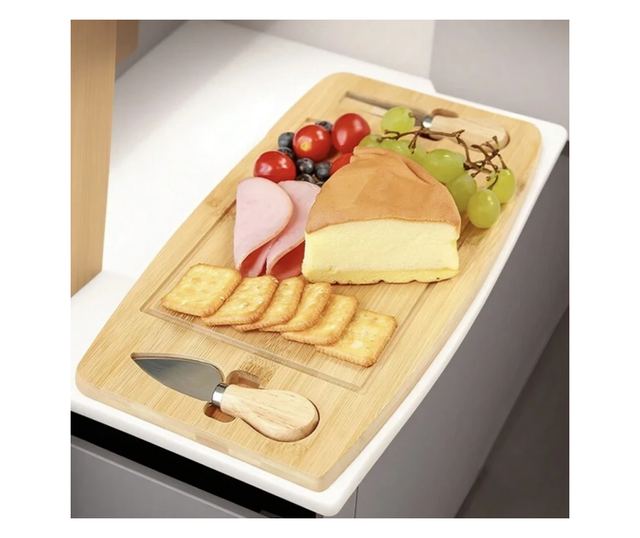 Set platou de branzeturi cu 2 ustensile pentru servire, Dreptunghiular, din lemn, dimensiuni 33x19x1.5 cm ABYZ™