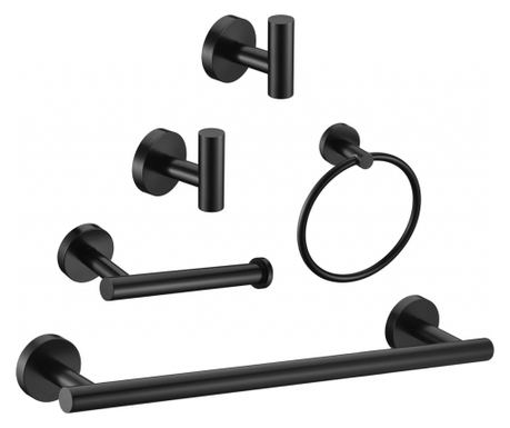 Set 5 carlige tip cuier de baie, inel,bara pentru prosoape, suport pentru role de toaleta, carlige pentru halat, inox, negru, eR